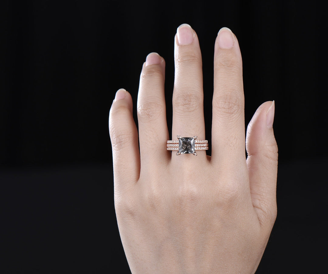 Princess cut black rutilated quartz engagement ring set rose gold under halo moissanite bridal ring set women