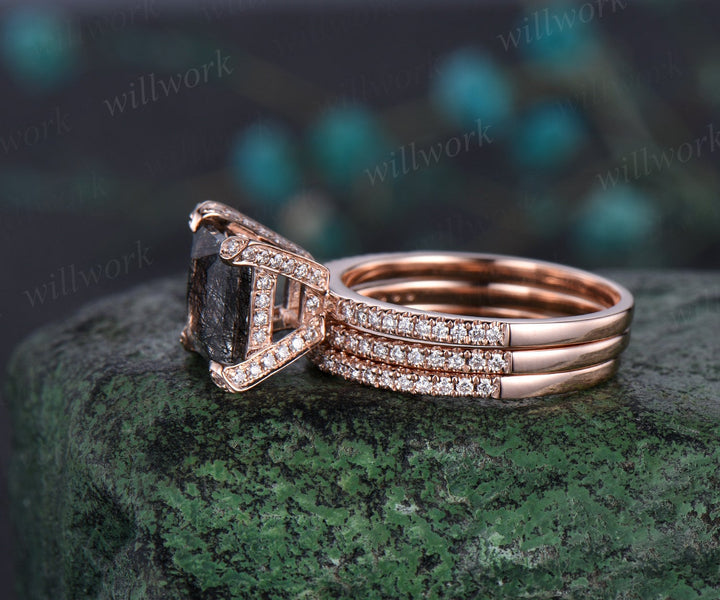 Princess cut black rutilated quartz engagement ring set rose gold under halo moissanite bridal ring set women