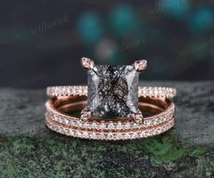 Princess cut black rutilated quartz engagement ring set rose gold under halo moissanite bridal ring set women