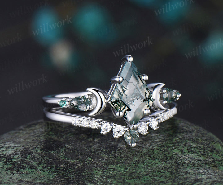 Unique kite cut moss agate engagement ring set women white gold 6 prong five stone moon bridal ring set