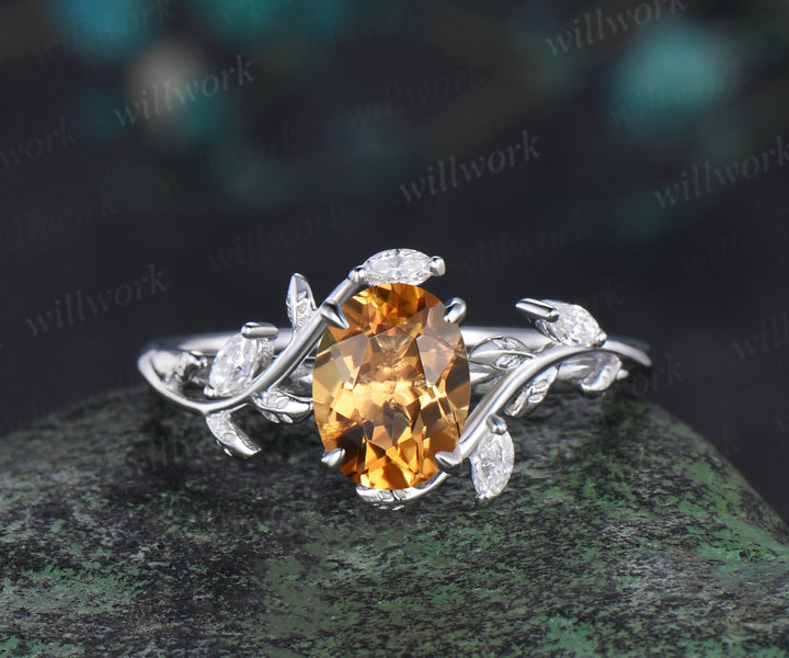 Vintage oval cut yellow citrine engagement ring 14k white gold leaf nature inspired unique Crystal diamond bridal wedding ring set women