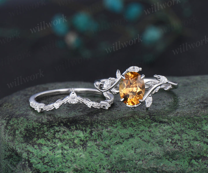 Vintage oval cut yellow citrine engagement ring 14k white gold leaf nature inspired unique Crystal diamond bridal wedding ring set women