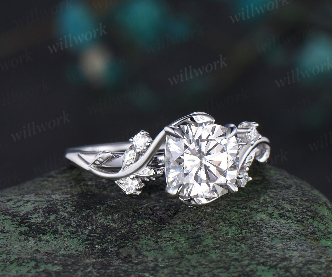 Vintage cushion cut moissanite engagement ring white gold art deco leaf five stone diamond anniversary promise wedding ring women gift