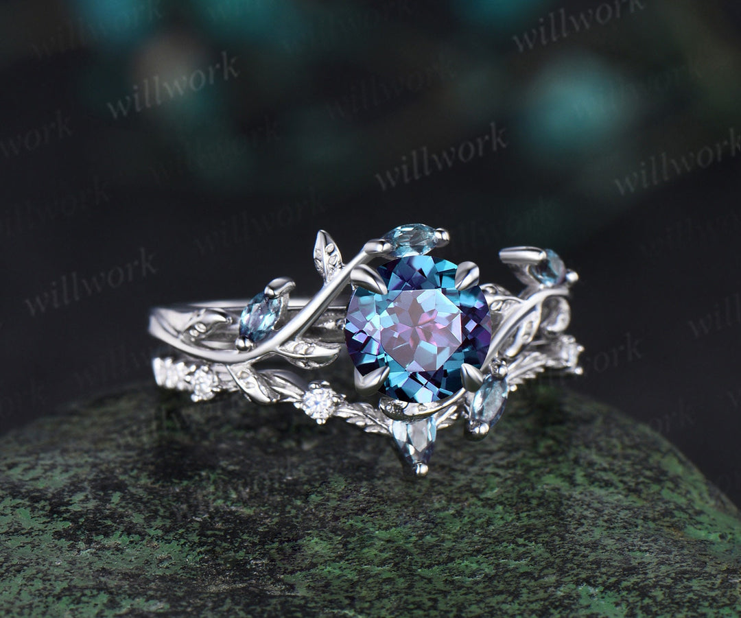 1ct round cut alexandrite ring vintage leaf unique nature inspired engagement ring set women white gold June birthstone ring gift