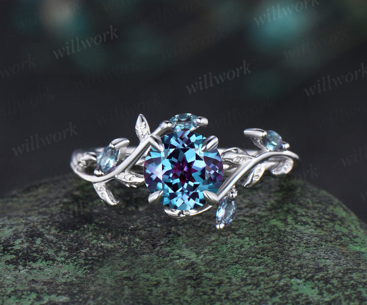 1ct round cut alexandrite ring vintage leaf unique nature inspired engagement ring set women white gold June birthstone ring gift