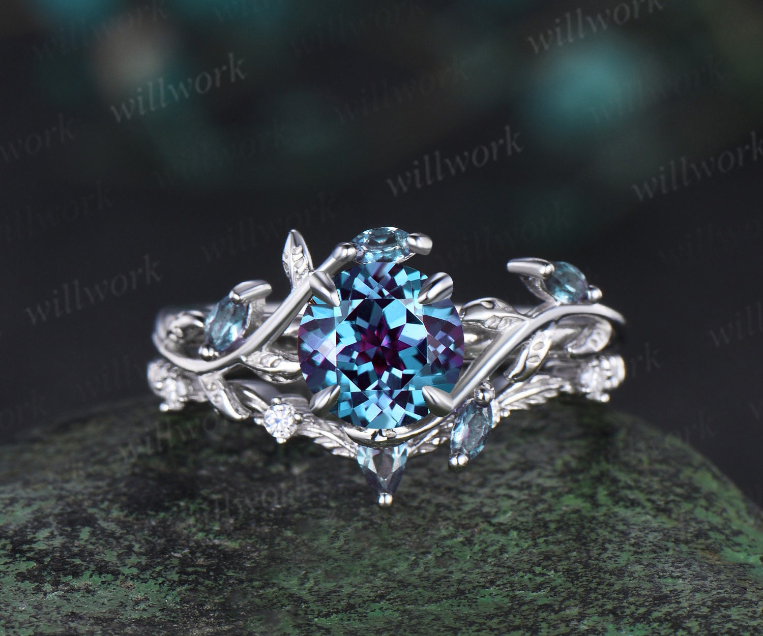 1ct round cut alexandrite ring vintage leaf unique nature inspired