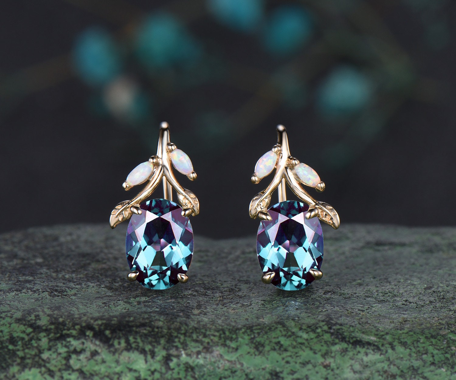 Oval cut alexandrite earrings solid 14k yellow gold vintage leaf