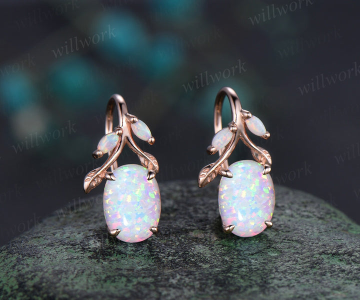 Oval cut white opal earrings solid 14k yellow gold vintage leaf marquise opal drop earrings women anniversary gift jewelry