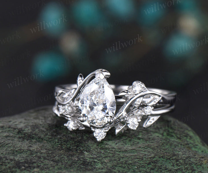 Vintage pear shaped Lab grown diamond engagement ring set white gold leaf nature inspired promise wedding ring set women