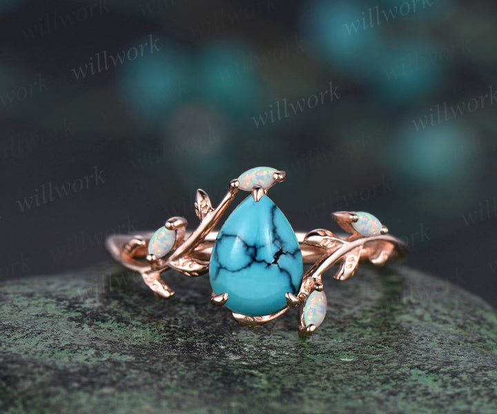 Vintage pear Turquoise engagement ring rose gold nature inspired leaf opal stacking bridal anniversary ring set women