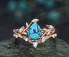 Vintage pear Turquoise engagement ring rose gold nature inspired leaf opal stacking bridal anniversary ring set women