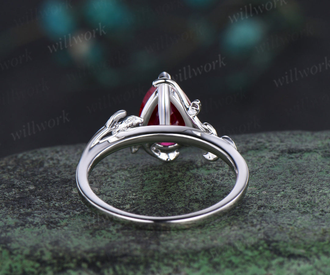 Pear shaped red ruby engagement ring 14k white gold branches leaf Leaves twig nature inspired ring twisted promise wedding ring women