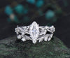 1ct marquise cut moissanite engagement ring set solid 14k white gold twig leaf stacking diamond wedding ring set women jewelry