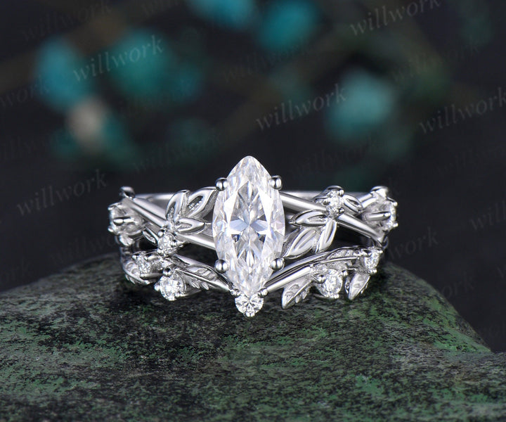 1ct marquise cut moissanite engagement ring set solid 14k yellow gold twig leaf stacking diamond wedding ring set women jewelry