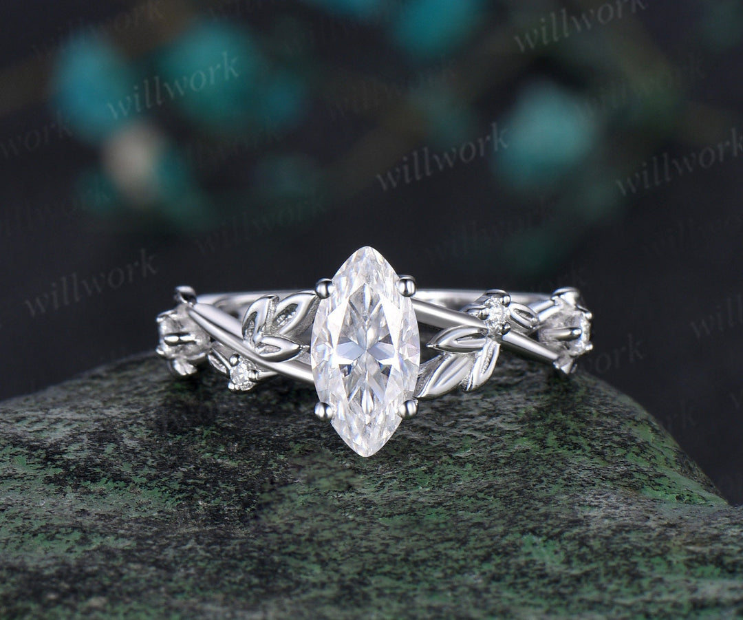 1ct marquise cut moissanite engagement ring set solid 14k white gold twig leaf stacking diamond wedding ring set women jewelry