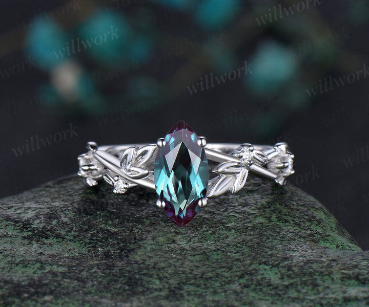 1ct marquise cut alexandrite engagement ring set solid 14k white gold twig leaf stacking diamond wedding ring set women jewelry