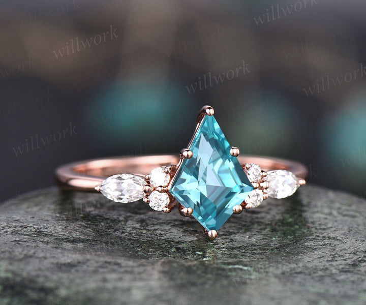 Vintage kite cut Paraiba engagement ring set 14k yellow gold marquise cut diamond ring women unique bridal wedding ring set gift