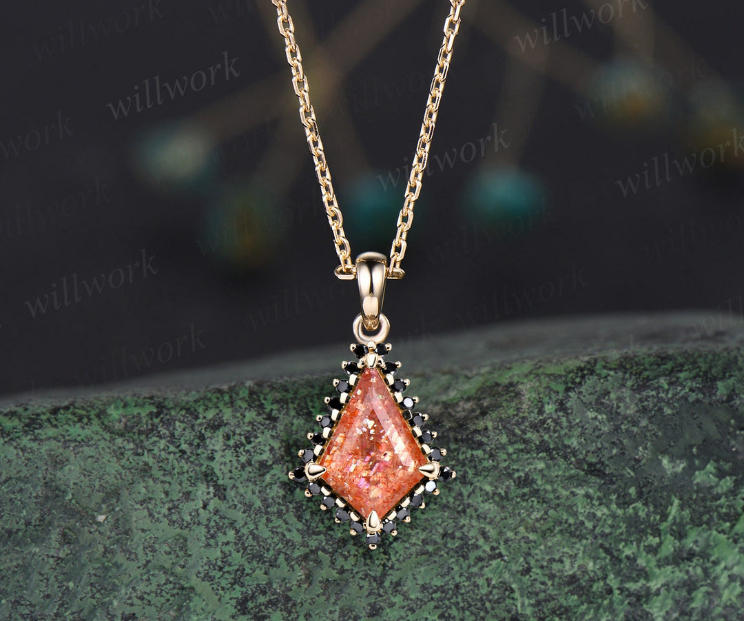 Unique kite cut sunstone necklace solid 14k 18k rose gold halo black diamond pendant for women May birthstone mother anniversary gift