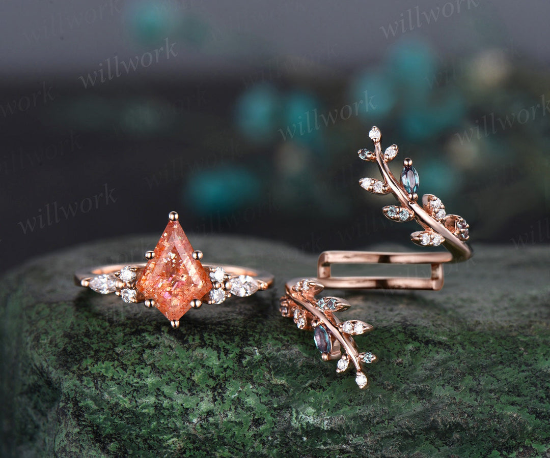 Kite cut sunstone engagement ring rose gold leaf alexandrite diamond wedding band enhancer unique anniversary bridal ring set women