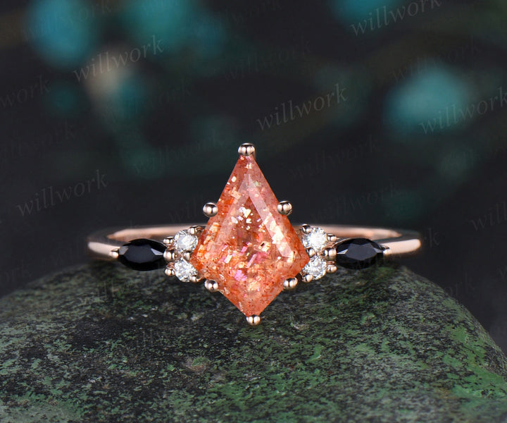 Kite cut orange sunstone engagement ring rose gold stacking moissanite black spinel wedding bridal ring set women