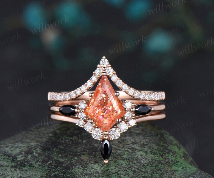 Kite cut orange sunstone engagement ring rose gold stacking moissanite black spinel wedding bridal ring set women