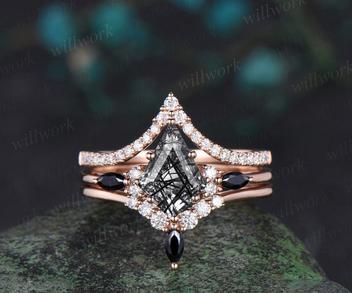 Kite cut black rutilated quartz engagement ring rose gold stacking moissanite black spinel wedding bridal ring set women