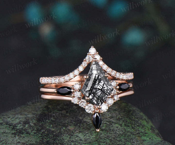 Kite cut black rutilated quartz engagement ring rose gold stacking moissanite black spinel wedding bridal ring set women