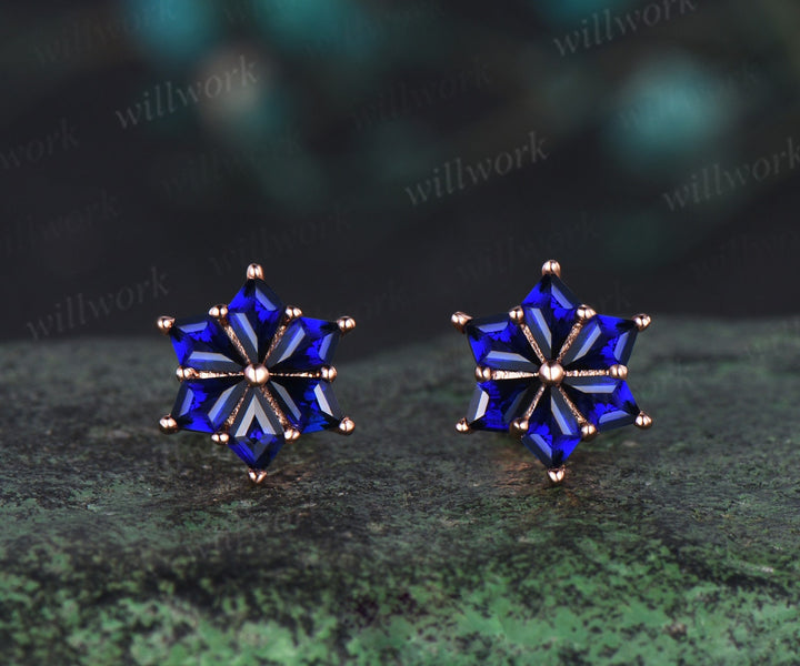 Kite cut blue sapphire earrings rose gold unique snow drop earrings women anniversary gift jewelry