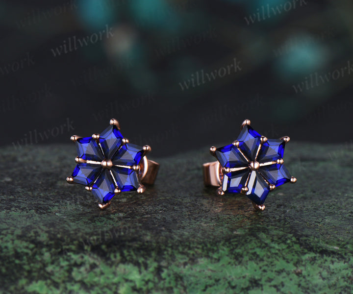 Kite cut blue sapphire earrings rose gold unique snow drop earrings women anniversary gift jewelry