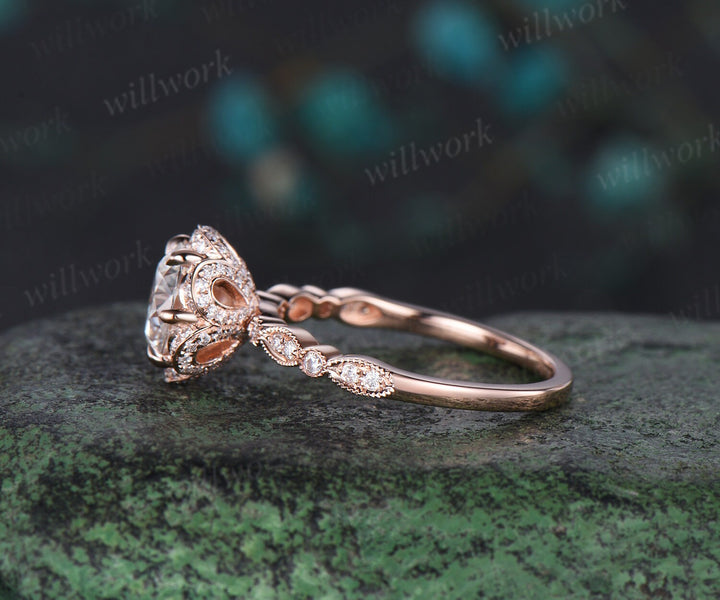 Vintage round cut moissanite engagement ring 6 prong rose gold double halo diamond wedding promise ring women jewelry