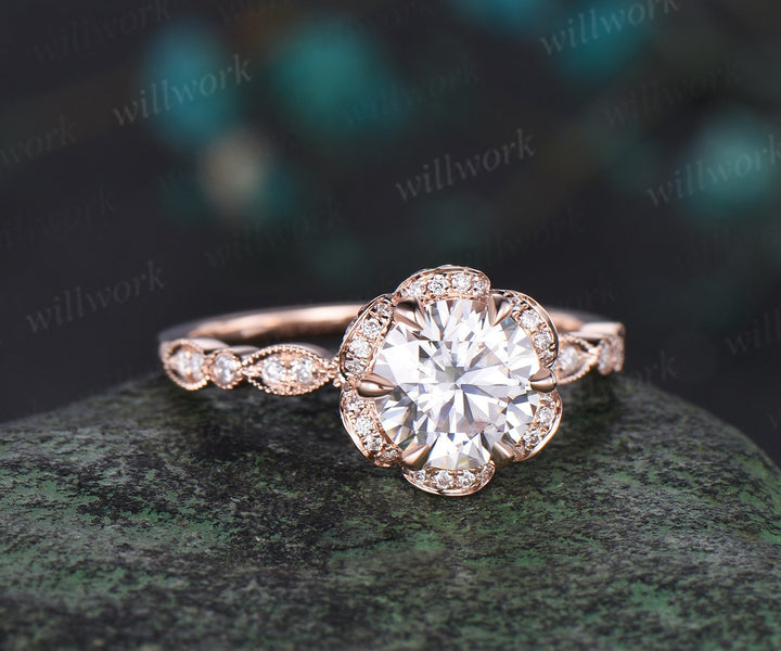 Vintage round cut moissanite engagement ring 6 prong rose gold double halo diamond wedding promise ring women jewelry