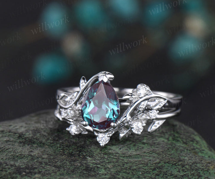 Pear Alexandrite ring vintage leaf vine white gold unique engagement ring twisted three stone diamond wedding bridal ring set women