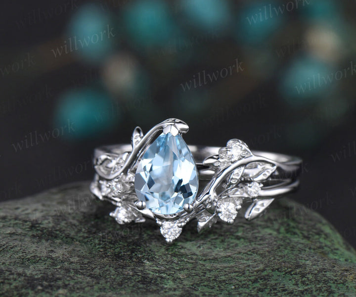 Pear cut Aquamarine ring vintage leaf vine white gold unique engagement ring twisted three stone diamond wedding bridal ring set women