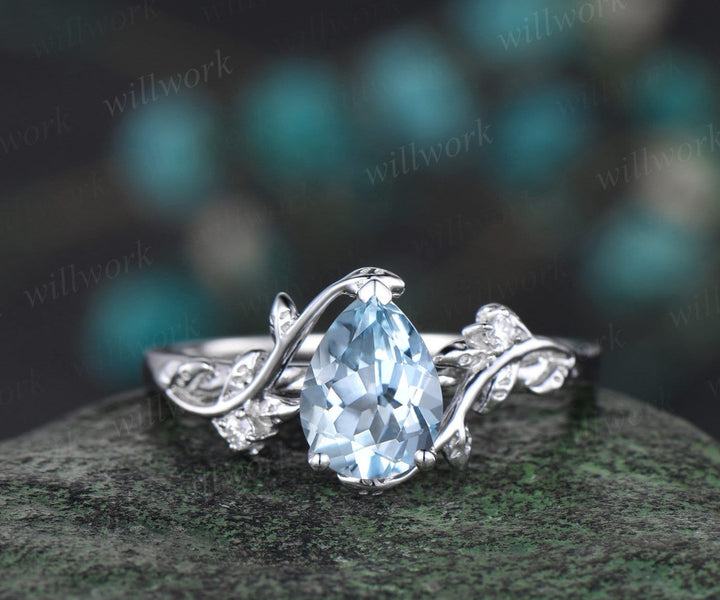 Pear cut Aquamarine ring vintage leaf vine white gold unique engagement ring twisted three stone diamond wedding bridal ring set women