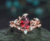 Vintage pear cut red ruby engagement ring solid 14k rose gold branch leaf opal stacking bridal anniversary ring set women jewelry