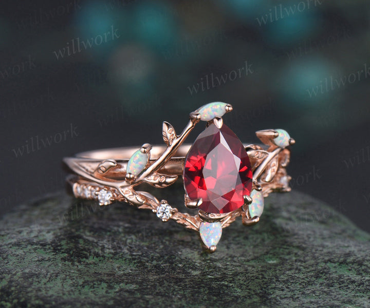 Vintage pear cut red ruby engagement ring solid 14k rose gold branch leaf opal stacking bridal anniversary ring set women jewelry