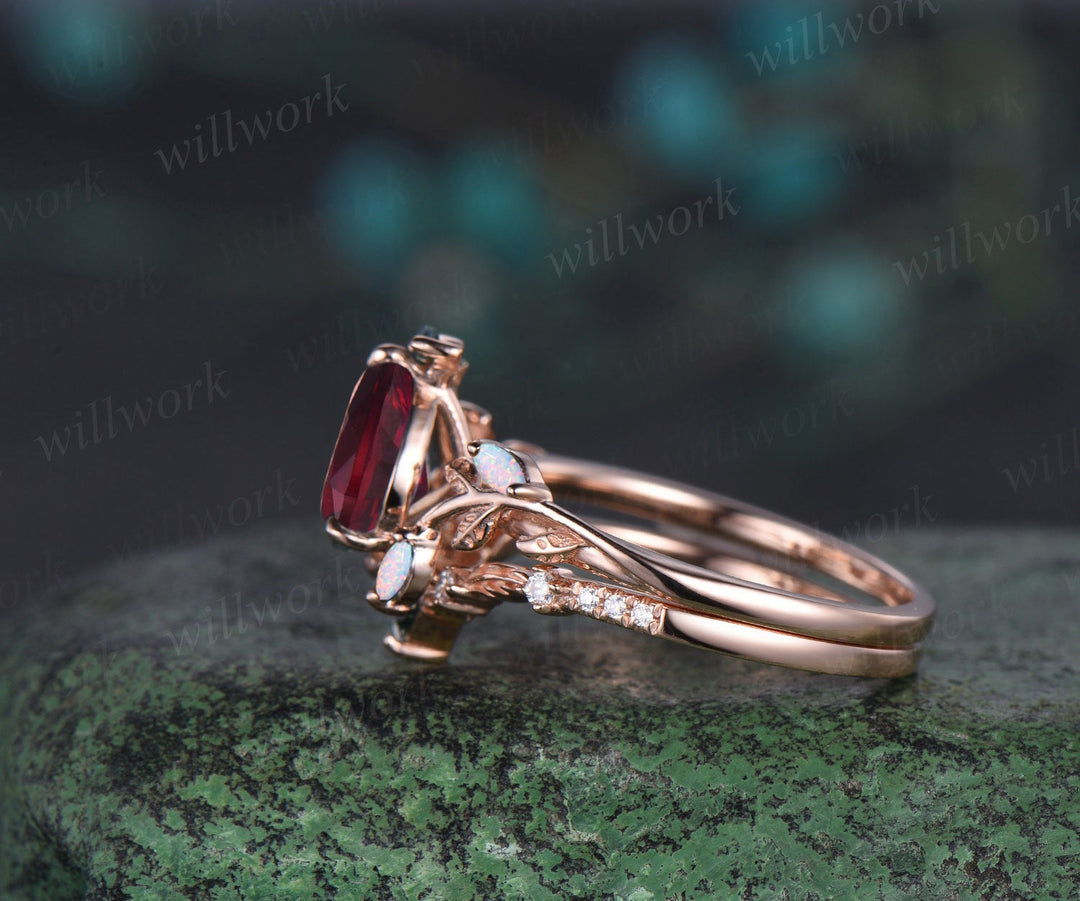 Vintage pear cut red ruby engagement ring solid 14k rose gold branch leaf opal stacking bridal anniversary ring set women jewelry