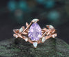 Vintage pear cut Lavender Amethyst engagement ring rose gold Crystal nature inspired leaf opal stacking bridal anniversary ring set women