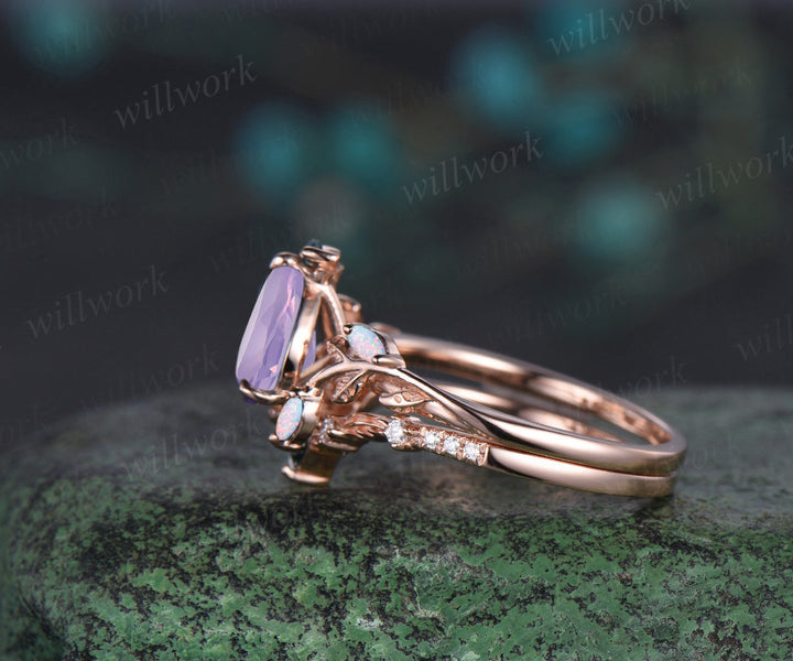 Vintage pear cut Lavender Amethyst engagement ring rose gold Crystal nature inspired leaf opal stacking bridal anniversary ring set women