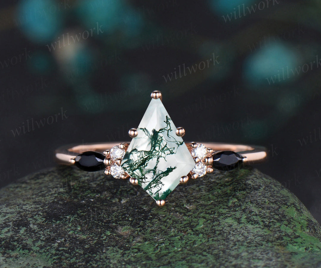 Kite cut moss agate engagement ring rose gold stacking moissanite black spinel wedding bridal ring set women