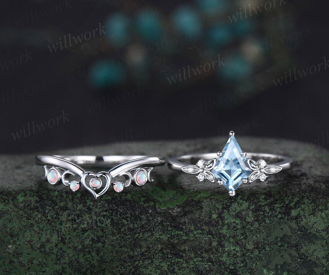 Kite cut Aquamarine ring vintage white gold unique engagement ring Celtic knot heart moon opal bridal anniversary ring set women jewelry