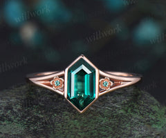 Vintage Long hexagon cut green emerald engagement ring rose gold bezel split shank three stone floral wedding anniversary ring women