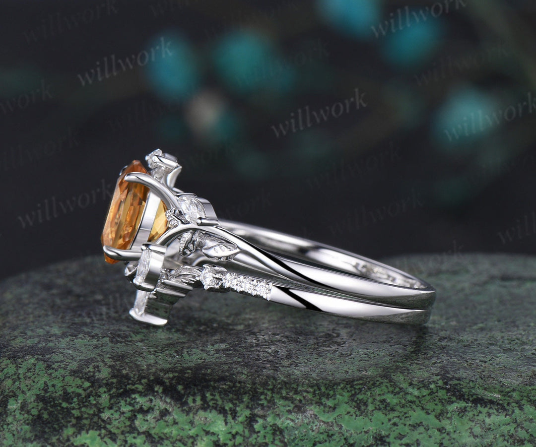 Vintage oval cut yellow citrine engagement ring 14k white gold leaf nature inspired unique Crystal diamond bridal wedding ring set women