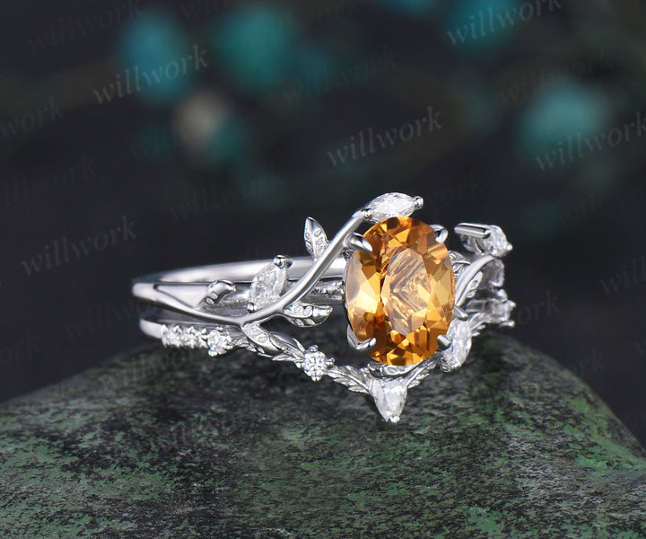 Vintage oval cut yellow citrine engagement ring 14k white gold leaf nature inspired unique Crystal diamond bridal wedding ring set women