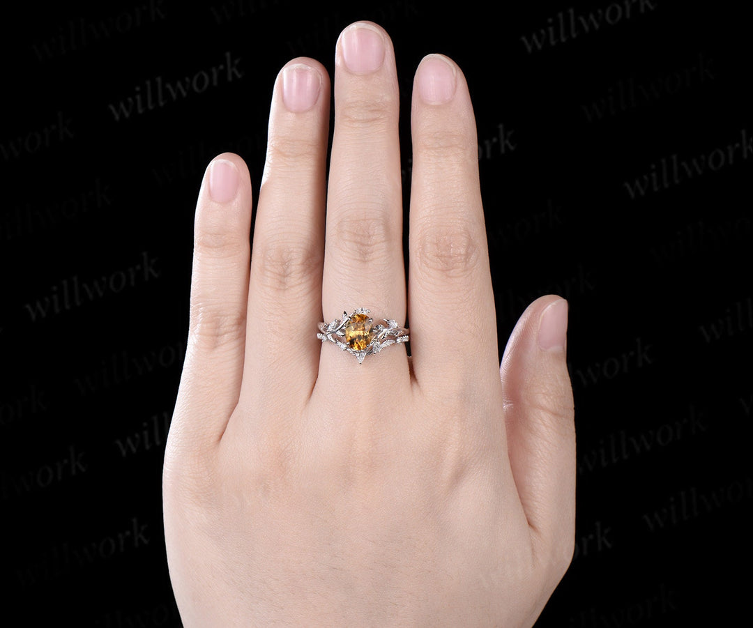 Vintage oval cut yellow citrine engagement ring 14k white gold leaf nature inspired unique Crystal diamond bridal wedding ring set women