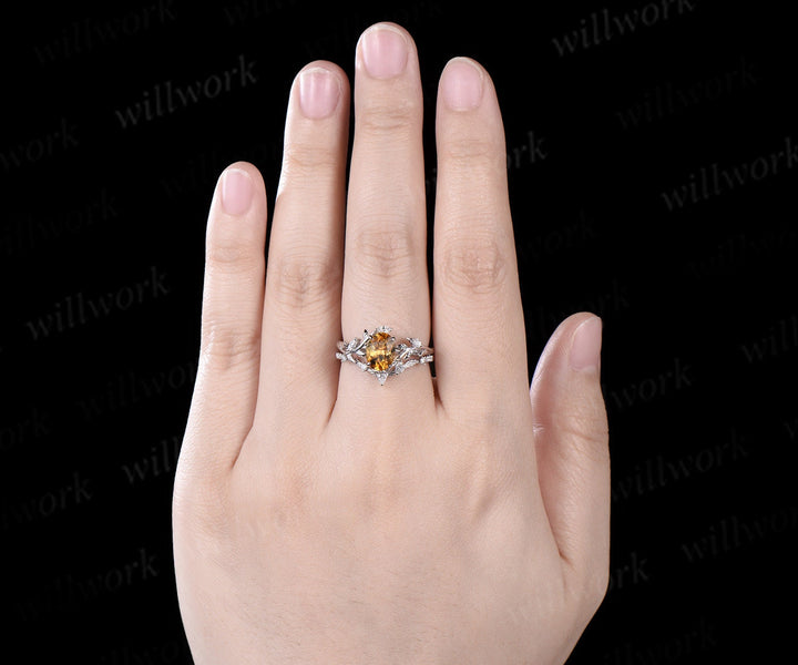 Vintage oval cut yellow citrine engagement ring 14k white gold leaf nature inspired unique Crystal diamond bridal wedding ring set women