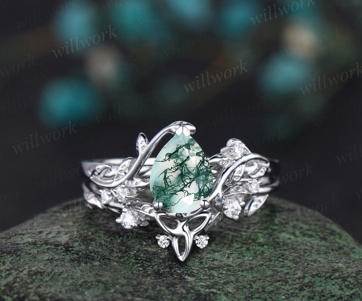 Vintage Pear shaped moss agate engagement ring white gold leaf branch diamond bridal ring set Celtic knot wedding ring band women jewelry