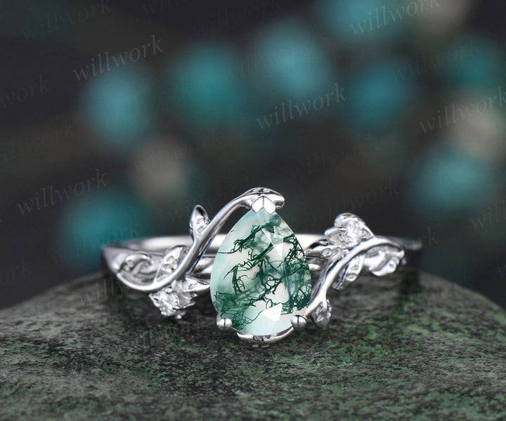 Vintage Pear shaped moss agate engagement ring white gold leaf branch diamond bridal ring set Celtic knot wedding ring band women jewelry