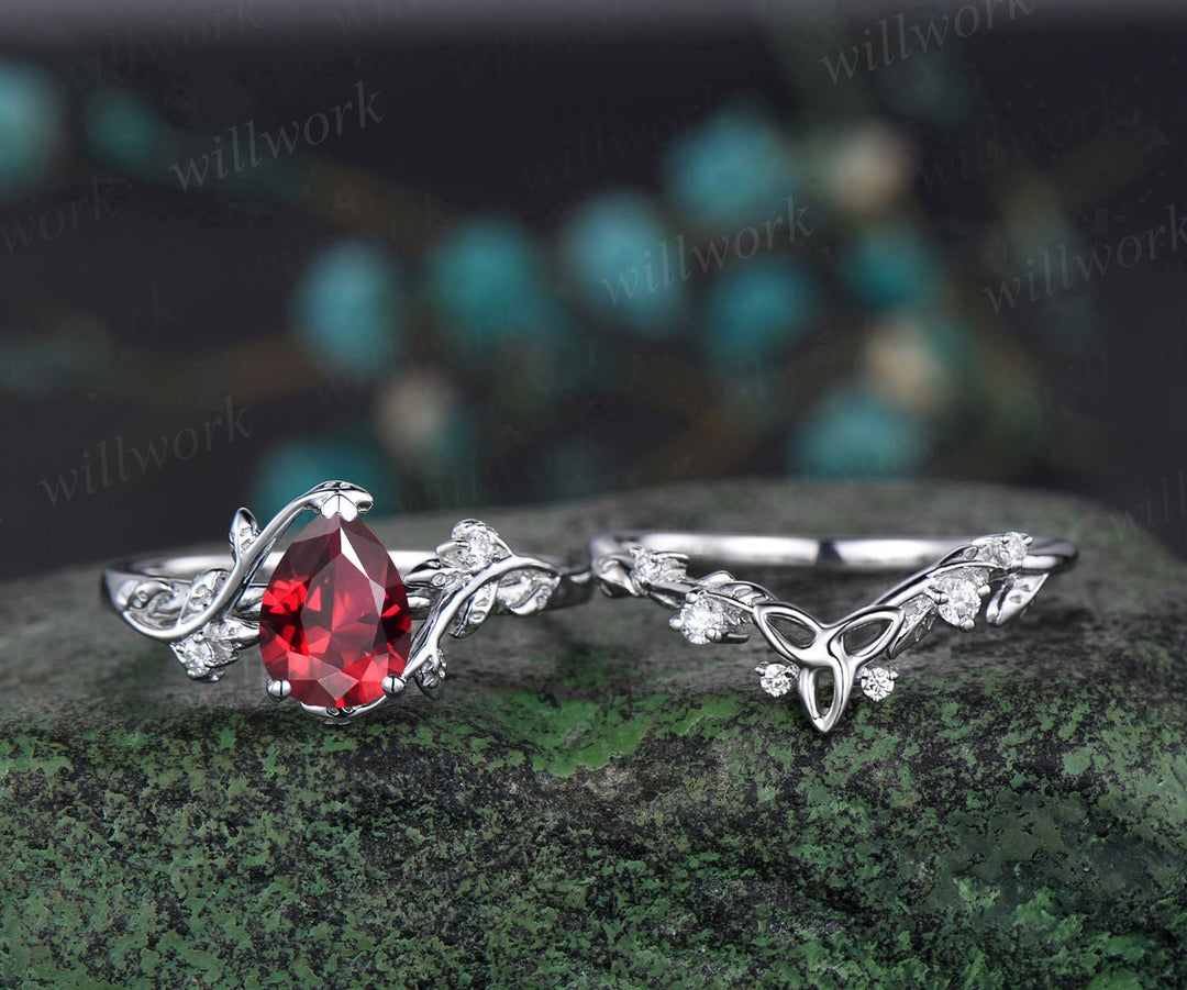 Vintage Pear shaped red ruby engagement ring white gold leaf branch diamond bridal ring set Celtic knot wedding ring band women jewelry