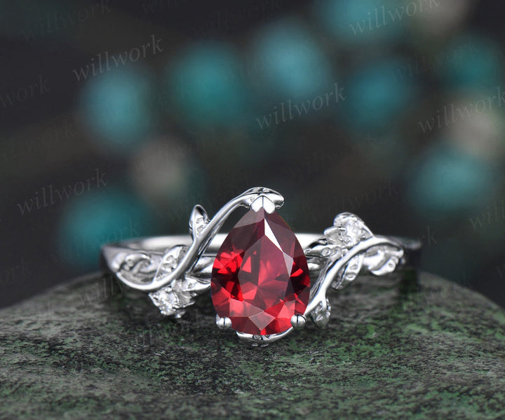 Vintage Pear shaped red ruby engagement ring white gold leaf branch diamond bridal ring set Celtic knot wedding ring band women jewelry